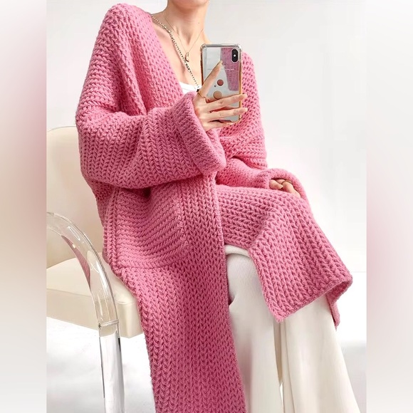 Sweater knit cardigan pocket wide sleeve boho rose pink NWT - Picture 4 of 10